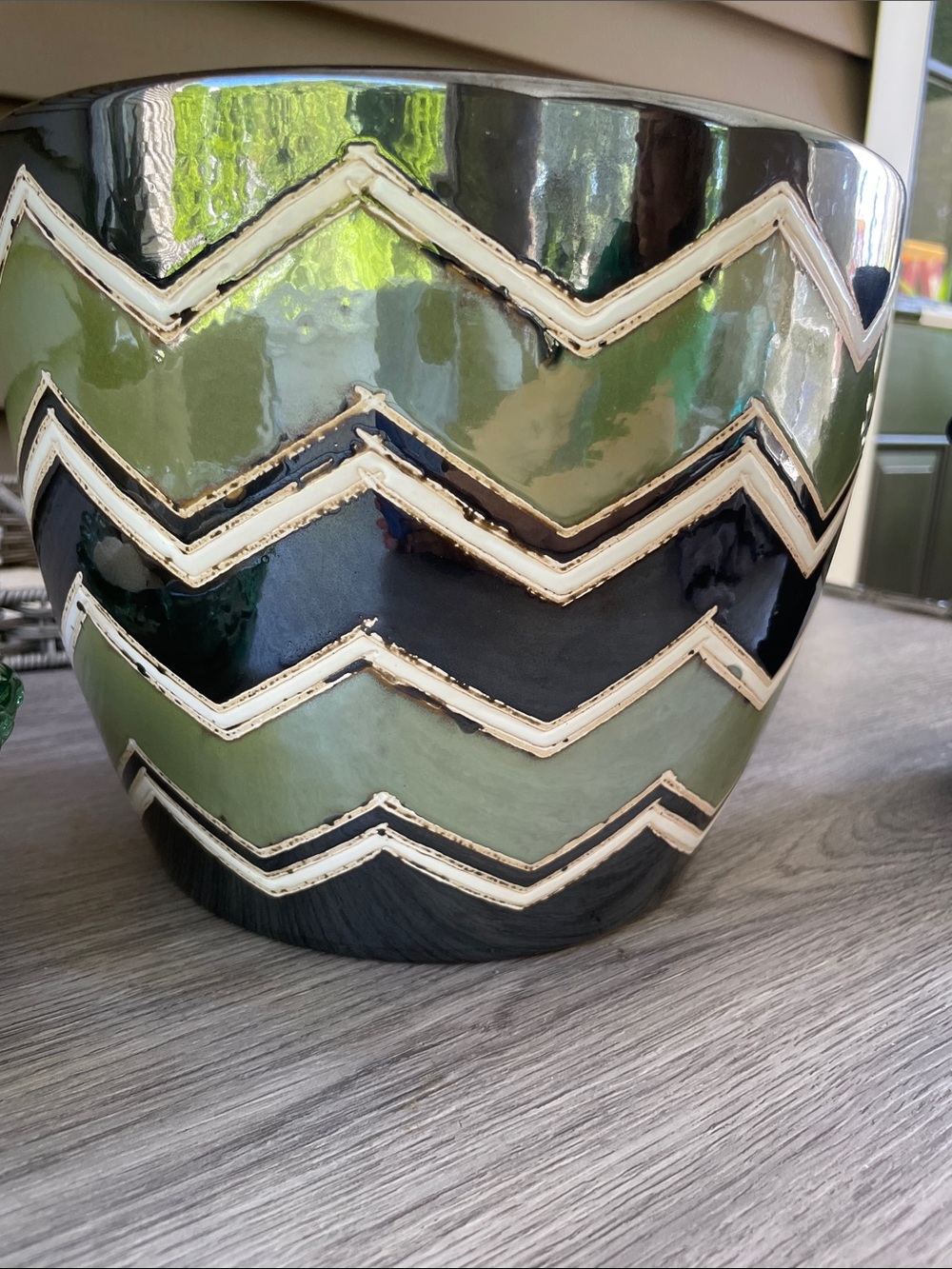 Green & Black Chevron Ceramic Planter - Decorative Home Accent - Picture 5 of 10
